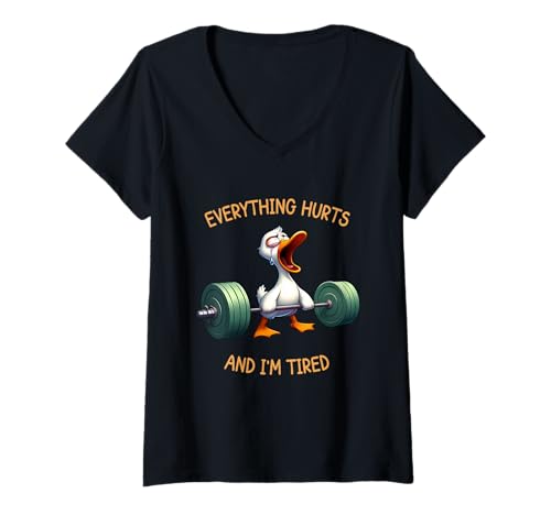 Damen Alles TUT WEH und ich Bin müde Duck Funny T-Shirt mit V-Ausschnitt von Funny Duck Fitness