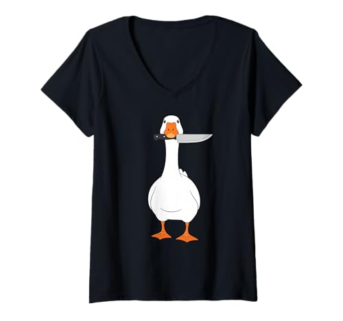 Damen Funny Goose with Knife Duck T-Shirt mit V-Ausschnitt von Funny Duck and Goose Outfits