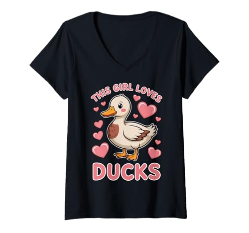 Damen Enten Mädchen Lustige Ente T-Shirt mit V-Ausschnitt von Funny Ducks Cute Ducks Girl Designs
