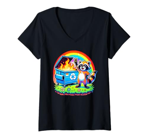 Damen Funny Raccoon Rainbow Dumpster Fire T-Shirt mit V-Ausschnitt Damen Funny Raccoon Rainbow Dumpster Fire T-Shirt mit V-Ausschnitt von Funny Dumpster Raccoon Apparel