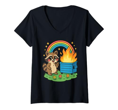Damen Raccoon Rainbow Dumpster Fire Funny T-Shirt mit V-Ausschnitt Damen Raccoon Rainbow Dumpster Fire Funny T-Shirt mit V-Ausschnitt von Funny Dumpster Raccoon Apparel