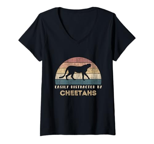 Damen Retro-Vintage-Stil, leicht von Geparden abgelenkt — Lustiger Gepard T-Shirt mit V-Ausschnitt von Funny Easily Distracted By Cheetahs Animal Lover