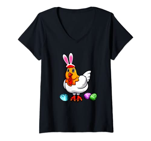 Damen Osterhuhn mit Hasenohren, lustige Ostereier T-Shirt mit V-Ausschnitt Damen Osterhuhn mit Hasenohren, lustige Ostereier T-Shirt mit V-Ausschnitt von Funny Easter Chicken Tees