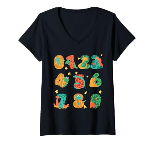 Damen Niedliche Dino-Zahlen, Mathematiktag, Schulanfang, Kinderkostüm, Geschenk T-Shirt mit V-Ausschnitt Damen Niedliche Dino-Zahlen, Mathematiktag, Schulanfang, Kinderkostüm, Geschenk T-Shirt mit V-Ausschnitt von Funny Educational number day math day kids costume