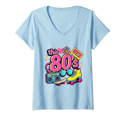 Damen Diese 80er Jahre Bro Retro Kassette Rollschuhe Boombox Party 80er Jahre T-Shirt mit V-Ausschnitt Damen Diese 80er Jahre Bro Retro Kassette Rollschuhe Boombox Party 80er Jahre T-Shirt mit V-Ausschnitt von Funny Eighties 80s Costume Party Nostalgia 80s tee