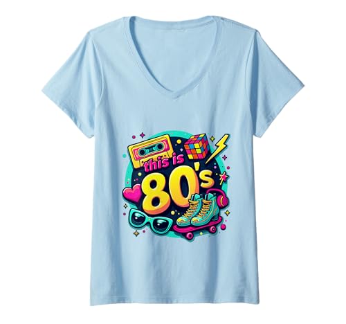 Damen Diese 80er Jahre Bro Retro Kassette Rollschuhe Party 80er Jahre Kostüme T-Shirt mit V-Ausschnitt Damen Diese 80er Jahre Bro Retro Kassette Rollschuhe Party 80er Jahre Kostüme T-Shirt mit V-Ausschnitt von Funny Eighties 80s Costume Party Nostalgia 80s tee