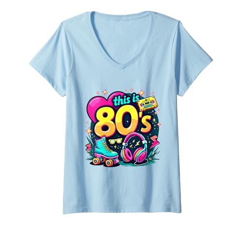 Damen Diese 80er Jahre Bro Roller Kopfhörer Kassette 80er Jahre Kostüm Party T-Shirt mit V-Ausschnitt Damen Diese 80er Jahre Bro Roller Kopfhörer Kassette 80er Jahre Kostüm Party T-Shirt mit V-Ausschnitt von Funny Eighties 80s Costume Party Nostalgia 80s tee
