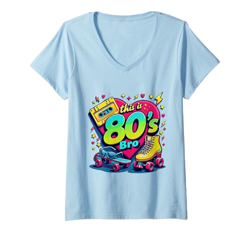 Damen Retro 80er Bro Kassette Roller Skate Lustige 80er Jahre Party Outfits T-Shirt mit V-Ausschnitt Damen Retro 80er Bro Kassette Roller Skate Lustige 80er Jahre Party Outfits T-Shirt mit V-Ausschnitt von Funny Eighties 80s Costume Party Nostalgia 80s tee