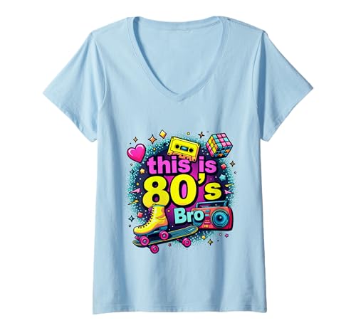 Damen Retro 80er Bro Roller Boombox Kassette 80er Jahre Kostüm Party T-Shirt mit V-Ausschnitt Damen Retro 80er Bro Roller Boombox Kassette 80er Jahre Kostüm Party T-Shirt mit V-Ausschnitt von Funny Eighties 80s Costume Party Nostalgia 80s tee