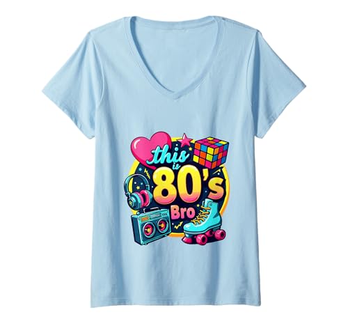 Damen Retro 80er Bro Roller Boombox Kassette 80er Jahre Kostüm Party T-Shirt mit V-Ausschnitt von Funny Eighties 80s Costume Party Nostalgia 80s tee