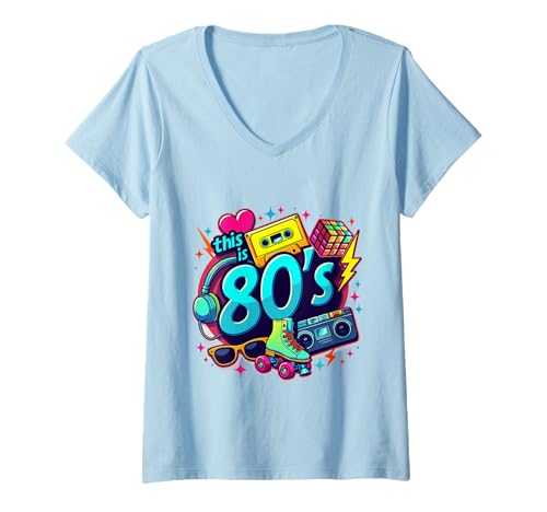 Damen Retro 80er Bro Roller Boombox Kassette 80er Jahre Kostüm Party T-Shirt mit V-Ausschnitt Damen Retro 80er Bro Roller Boombox Kassette 80er Jahre Kostüm Party T-Shirt mit V-Ausschnitt von Funny Eighties 80s Costume Party Nostalgia 80s tee