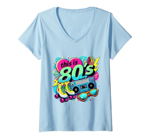 Damen Retro 80er Bro Roller Boombox Kassette 80er Jahre Kostüm Party T-Shirt mit V-Ausschnitt Damen Retro 80er Bro Roller Boombox Kassette 80er Jahre Kostüm Party T-Shirt mit V-Ausschnitt von Funny Eighties 80s Costume Party Nostalgia 80s tee