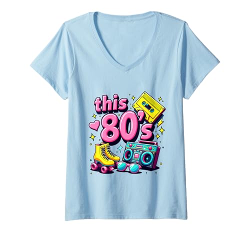 Damen Retro 80er Bro Roller Boombox Kassette 80er Jahre Kostüm Party T-Shirt mit V-Ausschnitt Damen Retro 80er Bro Roller Boombox Kassette 80er Jahre Kostüm Party T-Shirt mit V-Ausschnitt von Funny Eighties 80s Costume Party Nostalgia 80s tee