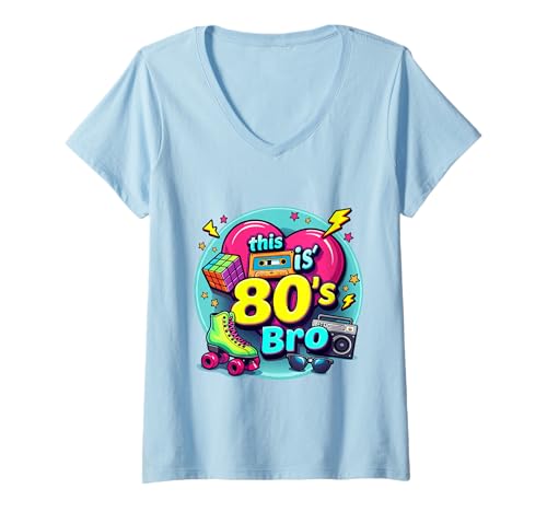 Damen Retro 80er Bro Roller Boombox Kassette 80er Jahre Kostüm Party T-Shirt mit V-Ausschnitt Damen Retro 80er Bro Roller Boombox Kassette 80er Jahre Kostüm Party T-Shirt mit V-Ausschnitt von Funny Eighties 80s Costume Party Nostalgia 80s tee