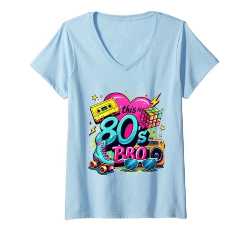Damen Retro 80er Bro Roller Boombox Kassette 80er Jahre Kostüm Party T-Shirt mit V-Ausschnitt Damen Retro 80er Bro Roller Boombox Kassette 80er Jahre Kostüm Party T-Shirt mit V-Ausschnitt von Funny Eighties 80s Costume Party Nostalgia 80s tee