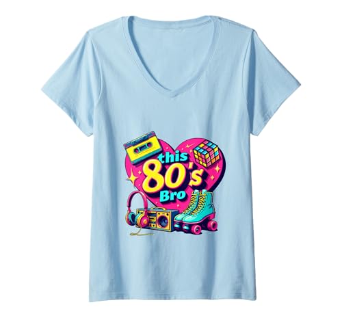 Damen Retro 80er Bro Roller Boombox Kassette 80er Jahre Kostüm Party T-Shirt mit V-Ausschnitt Damen Retro 80er Bro Roller Boombox Kassette 80er Jahre Kostüm Party T-Shirt mit V-Ausschnitt von Funny Eighties 80s Costume Party Nostalgia 80s tee
