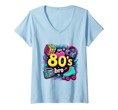 Damen Retro 80er Bro Roller Boombox Kopfhörer 80er Jahre Kostüm Party T-Shirt mit V-Ausschnitt Damen Retro 80er Bro Roller Boombox Kopfhörer 80er Jahre Kostüm Party T-Shirt mit V-Ausschnitt von Funny Eighties 80s Costume Party Nostalgia 80s tee