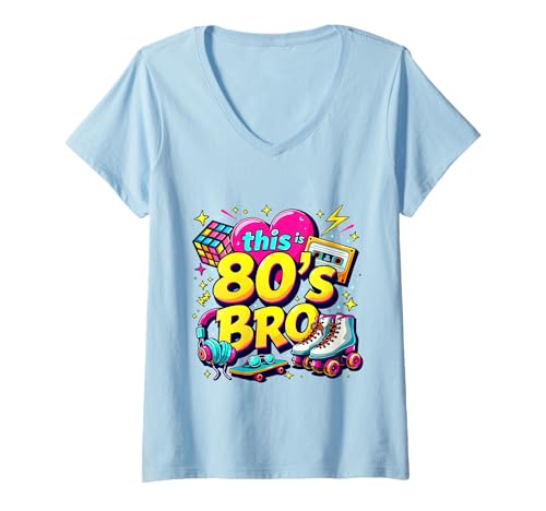 Damen Vintage 80er Bro Rollschuh Kassette Achtziger Jahre Kostüm Party T-Shirt mit V-Ausschnitt Damen Vintage 80er Bro Rollschuh Kassette Achtziger Jahre Kostüm Party T-Shirt mit V-Ausschnitt von Funny Eighties 80s Costume Party Nostalgia 80s tee