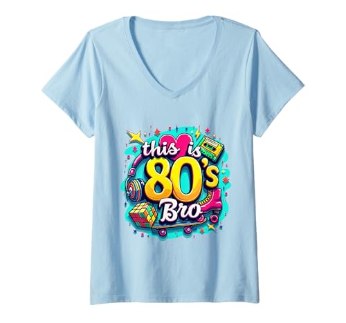 Damen Vintage 80er Bro Rollschuh Kassette Achtziger Jahre Kostüm Party T-Shirt mit V-Ausschnitt Damen Vintage 80er Bro Rollschuh Kassette Achtziger Jahre Kostüm Party T-Shirt mit V-Ausschnitt von Funny Eighties 80s Costume Party Nostalgia 80s tee