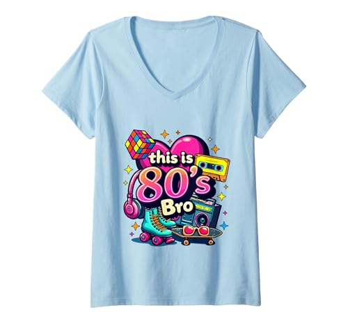 Damen Vintage 80er Bro Rollschuh Kassette Achtziger Jahre Kostüm Party T-Shirt mit V-Ausschnitt Damen Vintage 80er Bro Rollschuh Kassette Achtziger Jahre Kostüm Party T-Shirt mit V-Ausschnitt von Funny Eighties 80s Costume Party Nostalgia 80s tee
