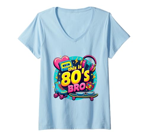 Damen Vintage 80er Bro Rollschuh Kassette Achtziger Jahre Kostüm Party T-Shirt mit V-Ausschnitt Damen Vintage 80er Bro Rollschuh Kassette Achtziger Jahre Kostüm Party T-Shirt mit V-Ausschnitt von Funny Eighties 80s Costume Party Nostalgia 80s tee