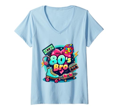 Damen Vintage 80er Bro Rollschuh Kassette Achtziger Jahre Kostüm Party T-Shirt mit V-Ausschnitt Damen Vintage 80er Bro Rollschuh Kassette Achtziger Jahre Kostüm Party T-Shirt mit V-Ausschnitt von Funny Eighties 80s Costume Party Nostalgia 80s tee