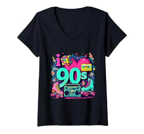 Damen I love 90s Retro 1990er Jahre Thema Outfits 90er Jahre Kostüme T-Shirt mit V-Ausschnitt von Funny Eighties 90s Costume Party I Love The 90's