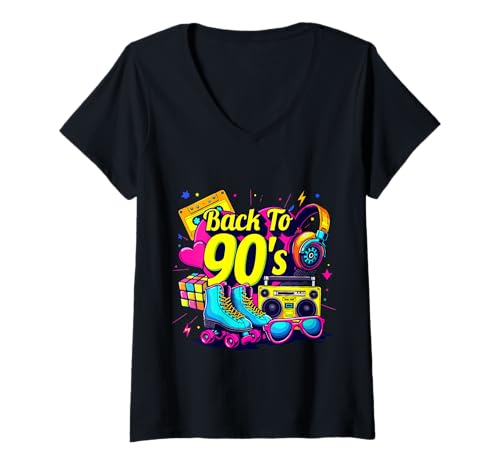Damen Retro-90er-Vintage-Partyoutfit der 90er Jahre für Herren und Damen T-Shirt mit V-Ausschnitt von Funny Eighties 90s Costume Party I Love The 90's