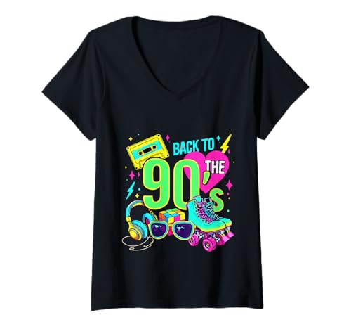 Damen Retro-90er-Vintage-Partyoutfit der 90er Jahre für Herren und Damen T-Shirt mit V-Ausschnitt von Funny Eighties 90s Costume Party I Love The 90's