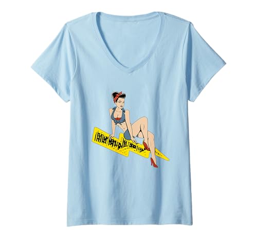 Damen Lustiger Elektriker Lineman Wireman Pin Up Girl Lightning T-Shirt mit V-Ausschnitt von Funny Electrician Gifts For Men