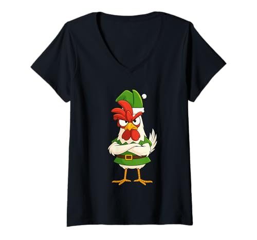 Damen Rooster Chicken in Elf Costume Funny Christmas Halloween T-Shirt mit V-Ausschnitt Damen Rooster Chicken in Elf Costume Funny Christmas Halloween T-Shirt mit V-Ausschnitt von Funny Elf Rooster Chicken Xmas Holiday Costume