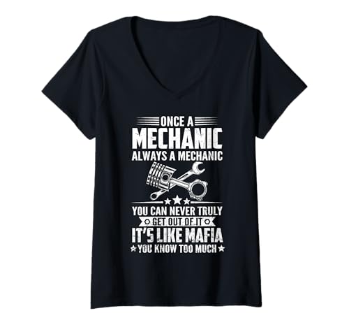 Damen Einmal Mechaniker, Immer Mechaniker, da kommt Man nie Wieder Raus T-Shirt mit V-Ausschnitt Damen Einmal Mechaniker, Immer Mechaniker, da kommt Man nie Wieder Raus T-Shirt mit V-Ausschnitt von Funny Engineer Mechanic Gifts