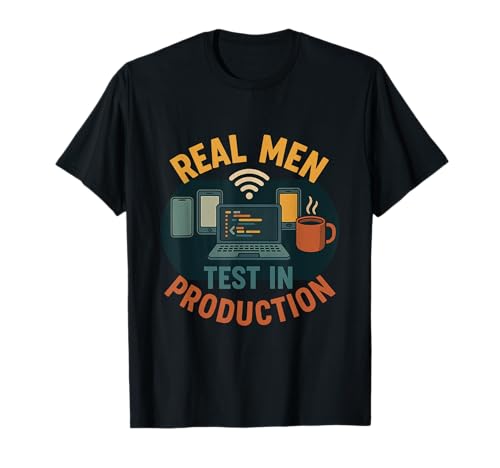 Real Men Test In Production Lustiger Big Coffee Donut Laptop T-Shirt Real Men Test In Production Lustiger Big Coffee Donut Laptop T-Shirt von Funny Engineering Meme Merch Store