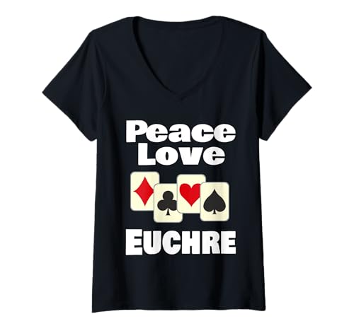 Damen Lustige Euchre Spieler-Kartenspiel Liebhaber Frieden Liebe Karten T-Shirt mit V-Ausschnitt Damen Lustige Euchre Spieler-Kartenspiel Liebhaber Frieden Liebe Karten T-Shirt mit V-Ausschnitt von Funny Euchre Gifts