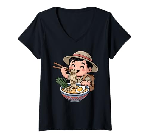 Damen Niedlicher Entdecker isst Ramen Japanische Kawaii Adventure Nudeln T-Shirt mit V-Ausschnitt Damen Niedlicher Entdecker isst Ramen Japanische Kawaii Adventure Nudeln T-Shirt mit V-Ausschnitt von Funny Explorer Ramen Lover Apparel