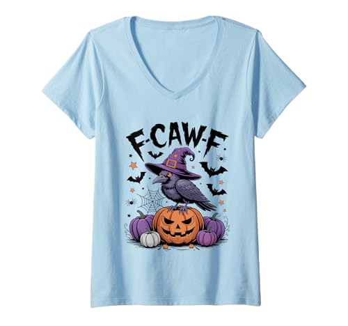 Damen F-Caw-F Lustiger Vogel Hexe Rabe Halloween Kürbis Damen Herren T-Shirt mit V-Ausschnitt von Funny F-Caw-F Bird Witchy Halloween Women Men Kids