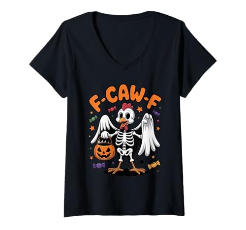 Damen F-Caw-F Skelett Huhn gruseliger Bauernhof Halloween Kostüm Party T-Shirt mit V-Ausschnitt von Funny F-Caw-F Skeleton Chicken For Women Men Kids