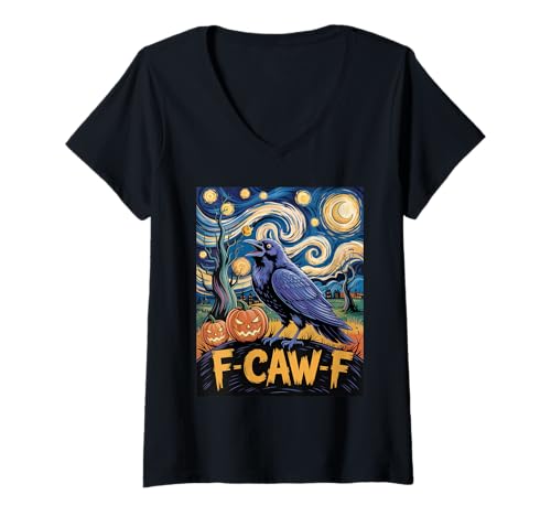 Damen Funny Raven Starry Night Van Gogh F Caw F T-Shirt mit V-Ausschnitt Damen Funny Raven Starry Night Van Gogh F Caw F T-Shirt mit V-Ausschnitt von Funny F Caw F Starry Night Van Gogh