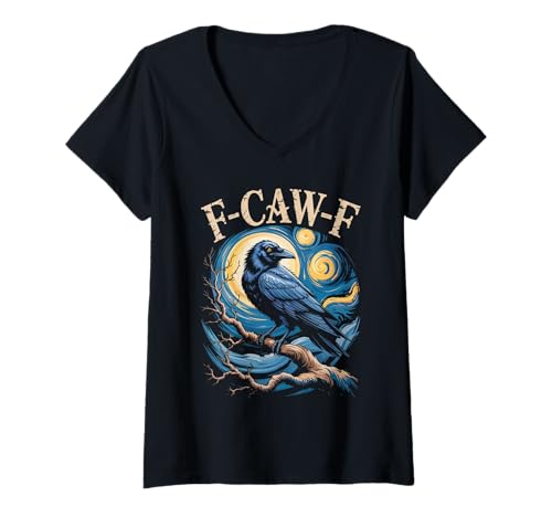 Damen Black Crow F-Caw-F Black Bird Starry Night Van Gogh T-Shirt mit V-Ausschnitt Damen Black Crow F-Caw-F Black Bird Starry Night Van Gogh T-Shirt mit V-Ausschnitt von Funny F-Caw-F