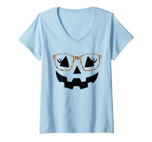 Damen Jack O Lantern Face Kürbis Halloween Leopard Print Brille T-Shirt mit V-Ausschnitt Damen Jack O Lantern Face Kürbis Halloween Leopard Print Brille T-Shirt mit V-Ausschnitt von Funny Face Pumpkin Halloween Leopard Print Glasses