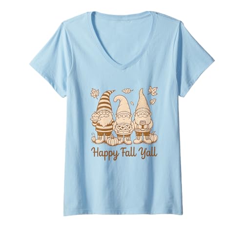 Damen Happy Fall Y'all Kürbis Zwerg Blätter Thanksgiving T-Shirt mit V-Ausschnitt Damen Happy Fall Y'all Kürbis Zwerg Blätter Thanksgiving T-Shirt mit V-Ausschnitt von Funny Fall Gnome Pumpkin Leaves Thanksgiving Idea