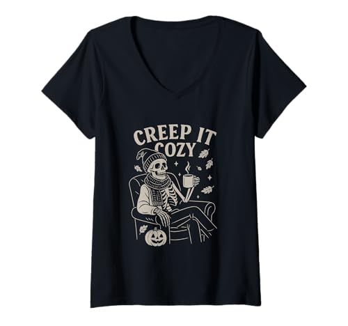 Damen Lustiges Skelett Halloween Fall Creep it Cozy T-Shirt mit V-Ausschnitt Damen Lustiges Skelett Halloween Fall Creep it Cozy T-Shirt mit V-Ausschnitt von Funny Fall Retro Tees