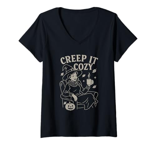 Damen Fall Witch Drinking Coffee Creep it Cozy T-Shirt mit V-Ausschnitt von Funny Fall Tees