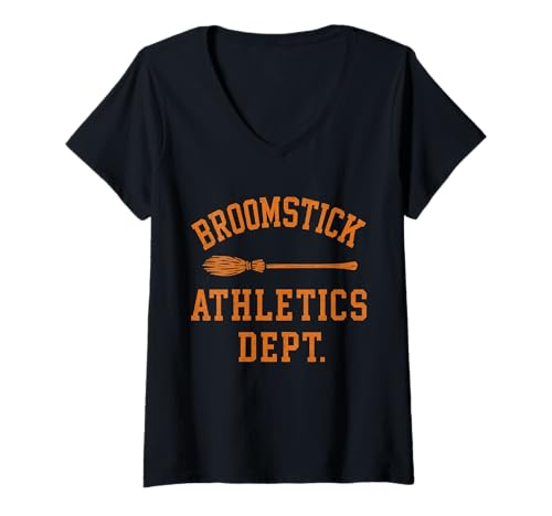 Damen Halloween Broomstick Athletics Dept. Hexenhumor T-Shirt mit V-Ausschnitt von Funny Fall Tees