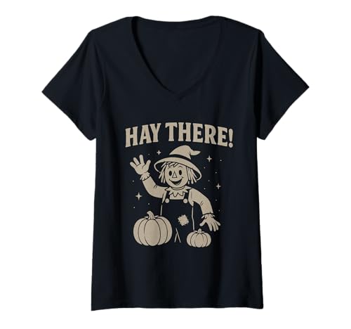 Damen Herbst Kürbis Ernte Heu Dort! Vogelscheuche T-Shirt mit V-Ausschnitt von Funny Fall Tees
