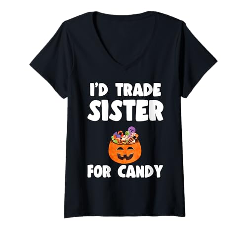 Damen Ich würde Meine Schwester gegen Candy eintauschen. Geschwister scherzen Halloween T-Shirt mit V-Ausschnitt Damen Ich würde Meine Schwester gegen Candy eintauschen. Geschwister scherzen Halloween T-Shirt mit V-Ausschnitt von Funny Family Apparel for Holidays and Party