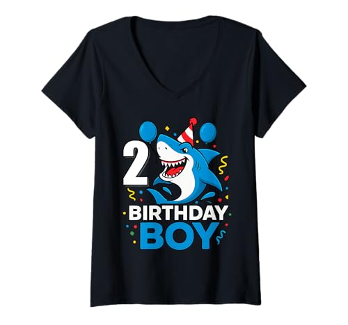 Damen 2 Jahre alte Jungen Kinder JawSome Shark 2nd Two Year Birthday T-Shirt mit V-Ausschnitt Damen 2 Jahre alte Jungen Kinder JawSome Shark 2nd Two Year Birthday T-Shirt mit V-Ausschnitt von Funny Family Shark Themed Birthday Party Kids