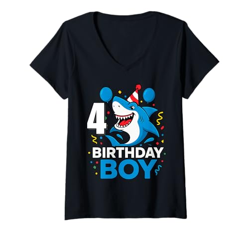 Damen 4 Jahre alte Jungen Kinder JawSome Shark 4th Five Year Birthday T-Shirt mit V-Ausschnitt Damen 4 Jahre alte Jungen Kinder JawSome Shark 4th Five Year Birthday T-Shirt mit V-Ausschnitt von Funny Family Shark Themed Birthday Party Kids