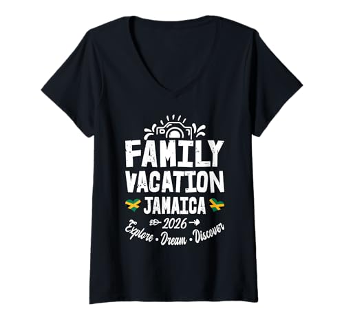 Damen Familienurlaub Jamaika 2026 | Family Travel Squad T-Shirt mit V-Ausschnitt Damen Familienurlaub Jamaika 2026 | Family Travel Squad T-Shirt mit V-Ausschnitt von Funny Family Trip
