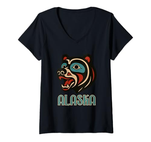 Damen Alaska Bear Haida Art Indianer Indianer Stolz T-Shirt mit V-Ausschnitt Damen Alaska Bear Haida Art Indianer Indianer Stolz T-Shirt mit V-Ausschnitt von Funny Family Vintage Outfit